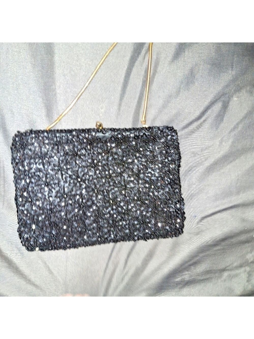 Vintage Black Beaded Sequin Clutch Gold Chain Purse
